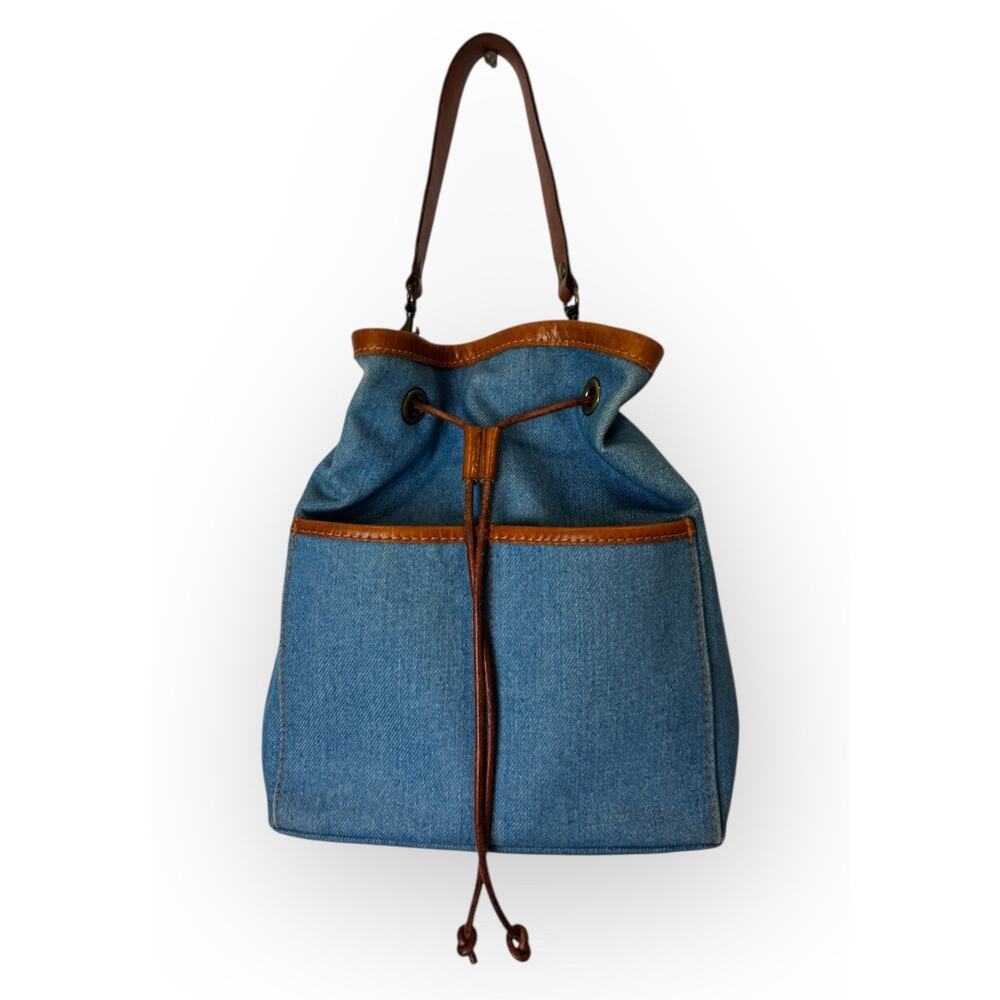 Parker Thatch Morgan Denim Leather Bucket Bag Rare Edition Drawstring EUC